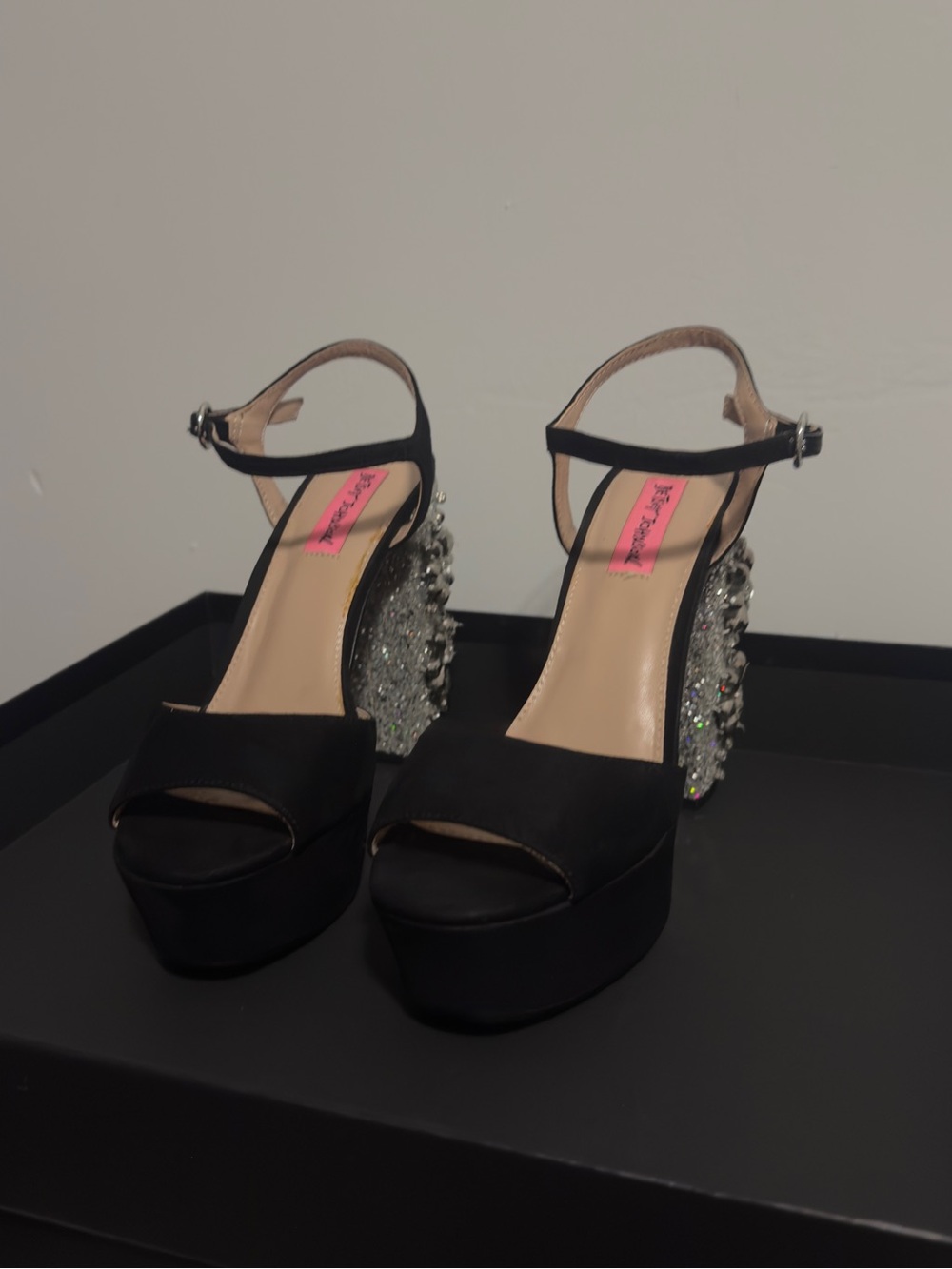 Betsey Johnson “Ferra” Black Seude Platform Sandals with Jeweled Block Heel